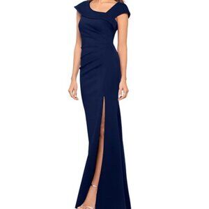 Xscape Midnight Blue Asymmetric-Neck Side-Slit Scuba Gown